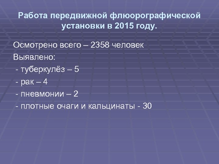 Работа передвижной флюорографической установки в 2015 году. Осмотрено всего – 2358 человек Выявлено: -