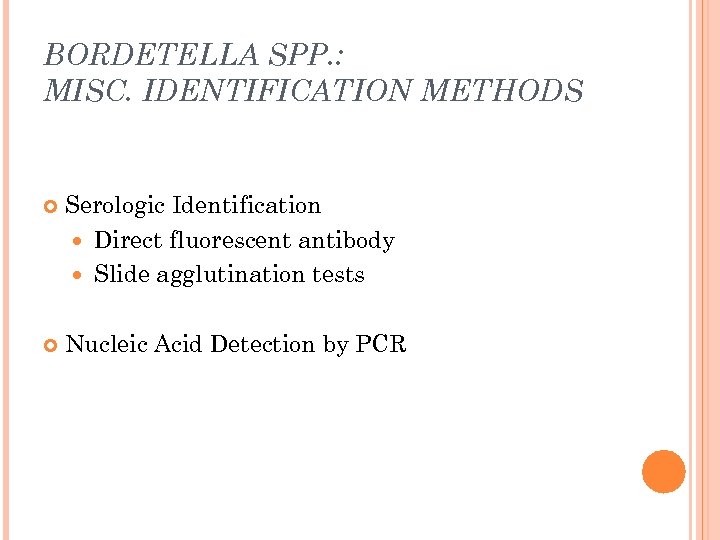 BORDETELLA SPP. : MISC. IDENTIFICATION METHODS Serologic Identification Direct fluorescent antibody Slide agglutination tests