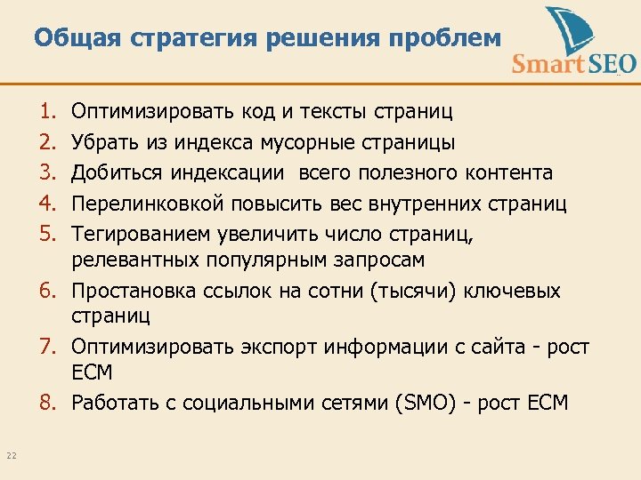 Общая стратегия решения проблем 1. 2. 3. 4. 5. Оптимизировать код и тексты страниц