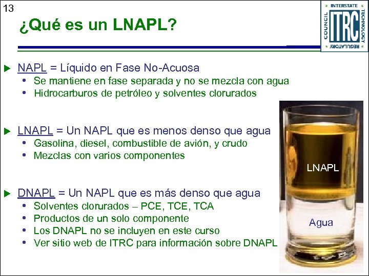 13 ¿Qué es un LNAPL? u NAPL = Líquido en Fase No-Acuosa u LNAPL