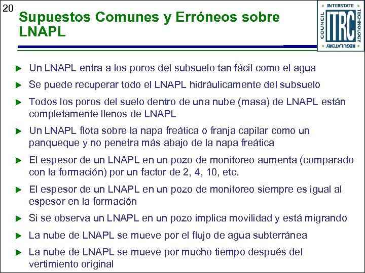 20 Supuestos Comunes y Erróneos sobre LNAPL u Un LNAPL entra a los poros