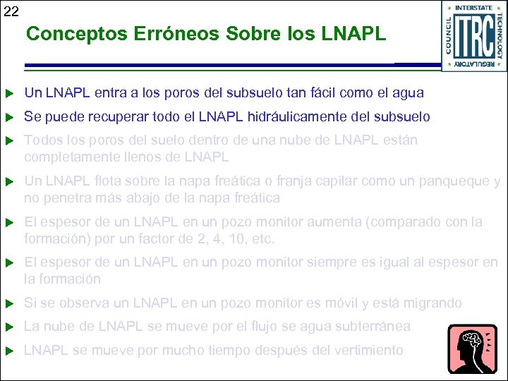 22 Conceptos Erróneos Sobre los LNAPL u Un LNAPL entra a los poros del