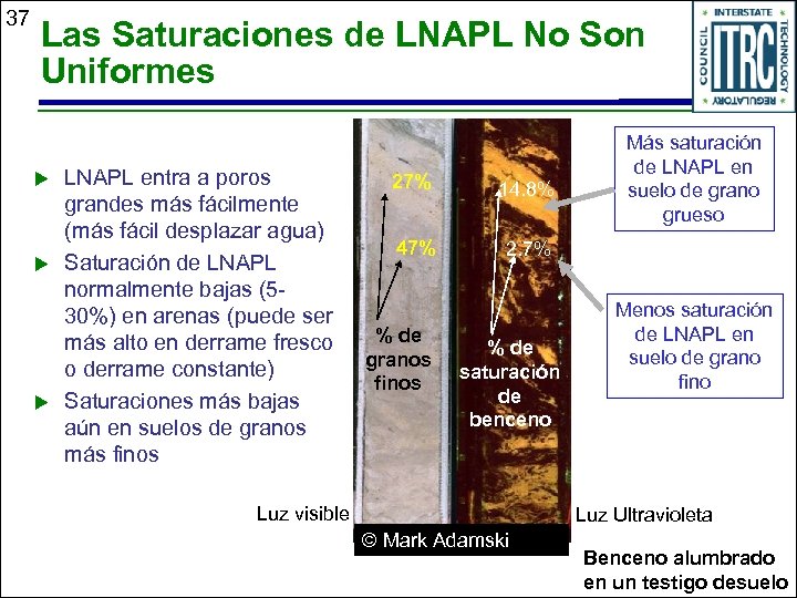 37 Las Saturaciones de LNAPL No Son Uniformes u u u LNAPL entra a