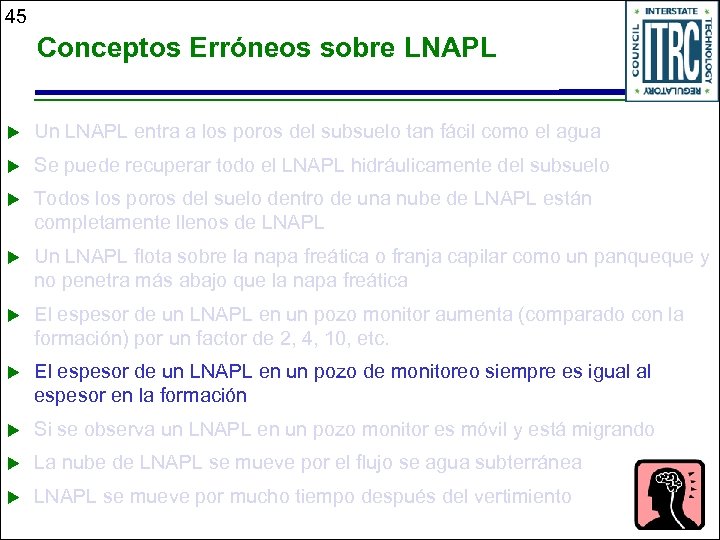 45 Conceptos Erróneos sobre LNAPL u Un LNAPL entra a los poros del subsuelo