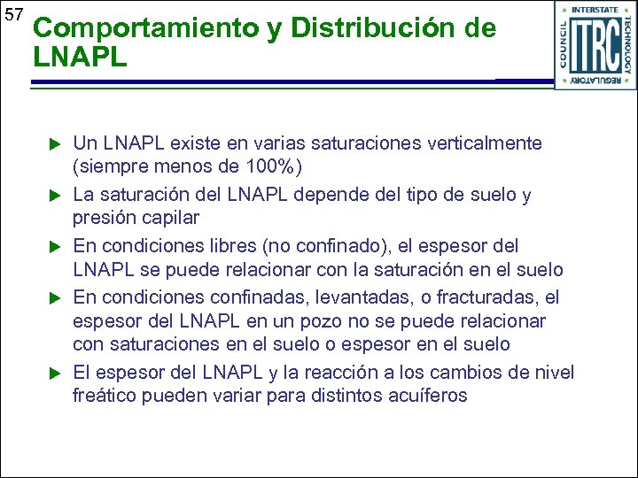 57 Comportamiento y Distribución de LNAPL u u u Un LNAPL existe en varias