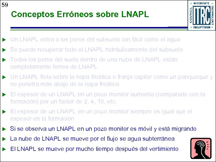 59 Conceptos Erróneos sobre LNAPL u Un LNAPL entra a los poros del subsuelo