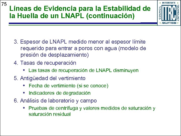 75 Líneas de Evidencia para la Estabilidad de la Huella de un LNAPL (continuación)
