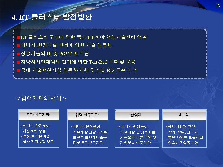 12 4. ET 클러스터 발전방안 ET 클러스터 구축에 의한 국가 ET 분야 핵심기술센터 역할