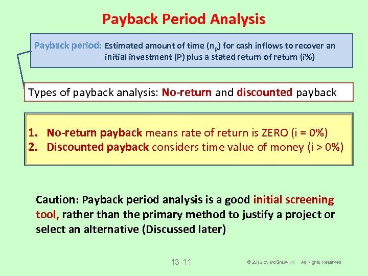 Payback Period Analysis Payback period: Estimated amount of time (np) for cash inflows to