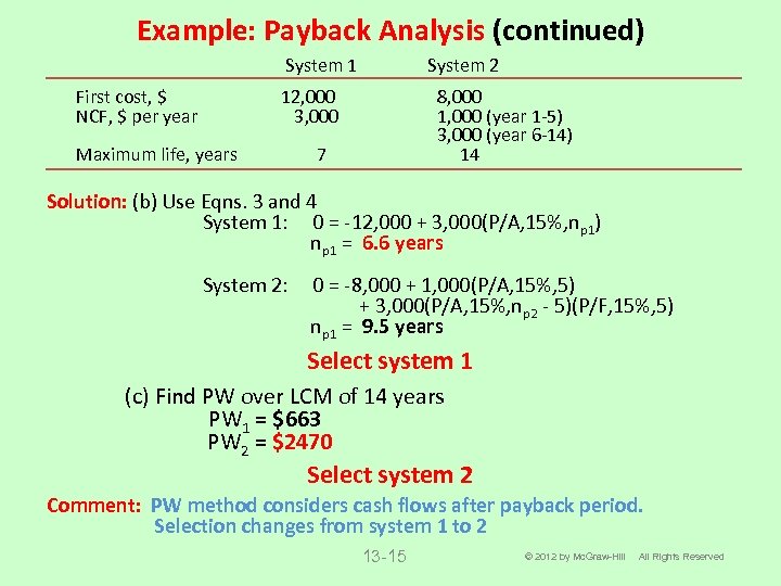 Example: Payback Analysis (continued) System 1 First cost, $ NCF, $ per year System