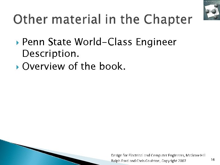 Penn State World-Class Engineer Description. Overview of the book. 16 