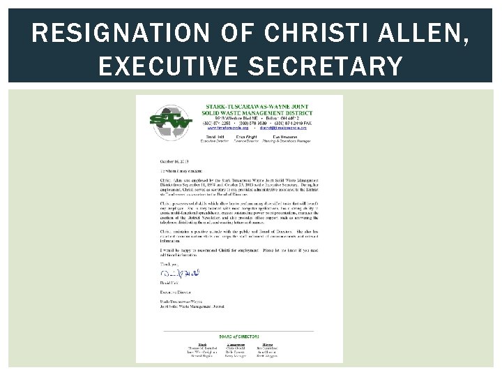 RESIGNATION OF CHRISTI ALLEN, EXECUTIVE SECRETARY 