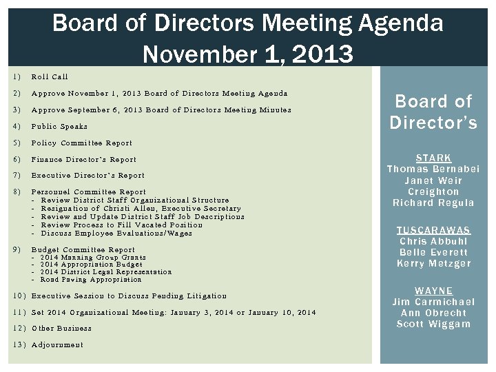 Board of Directors Meeting Agenda November 1, 2013 1) Roll Call 2) Approve November