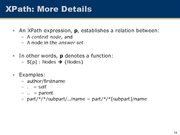 XPath: More Details • An XPath expression, p, establishes a relation between: – A