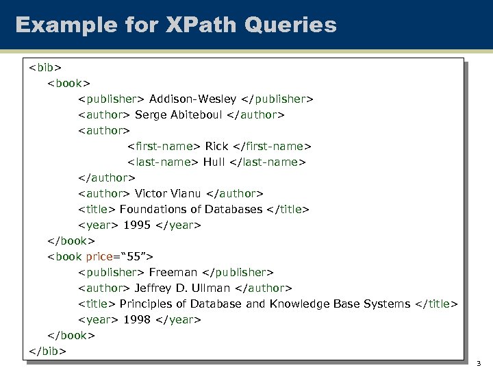 Example for XPath Queries <bib> <book> <publisher> Addison-Wesley </publisher> <author> Serge Abiteboul </author> <first-name>