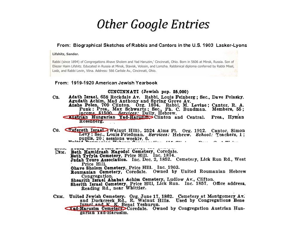 Other Google Entries From: Biographical Sketches of Rabbis and Cantors in the U. S.