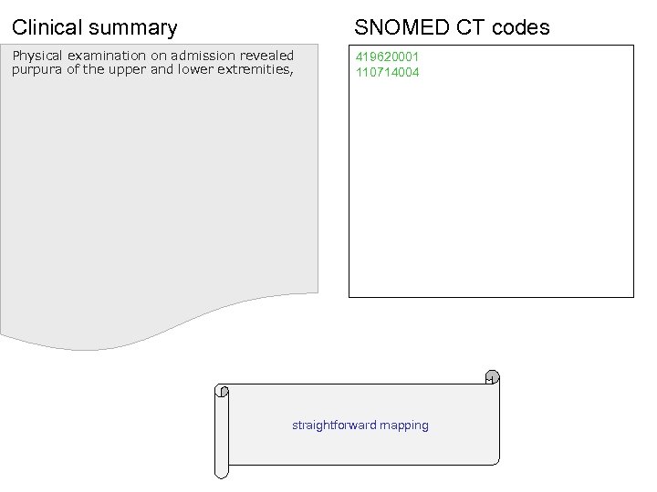 Clinical summary SNOMED CT codes Physical examination on admission revealed purpura of the upper
