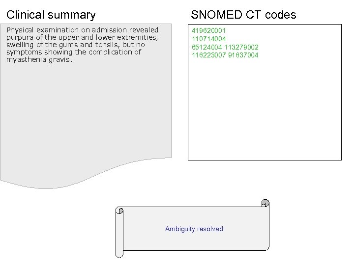 Clinical summary SNOMED CT codes Physical examination on admission revealed purpura of the upper