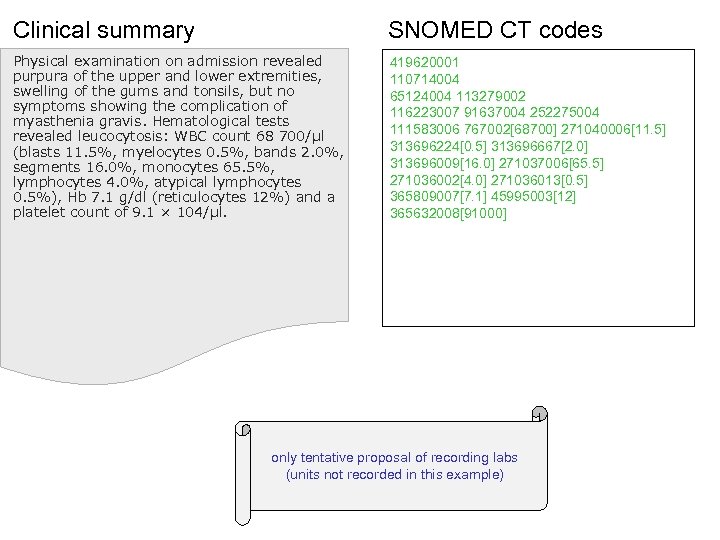 Clinical summary SNOMED CT codes Physical examination on admission revealed purpura of the upper