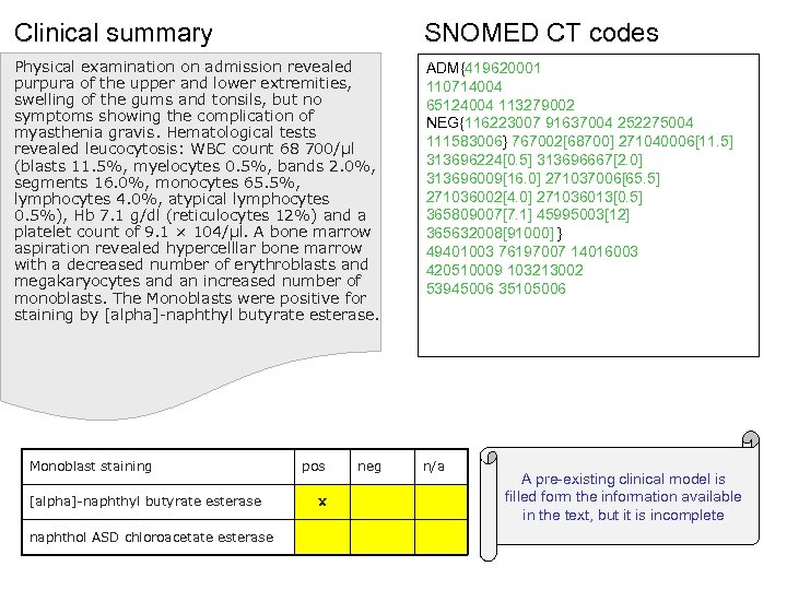 Clinical summary SNOMED CT codes Physical examination on admission revealed purpura of the upper