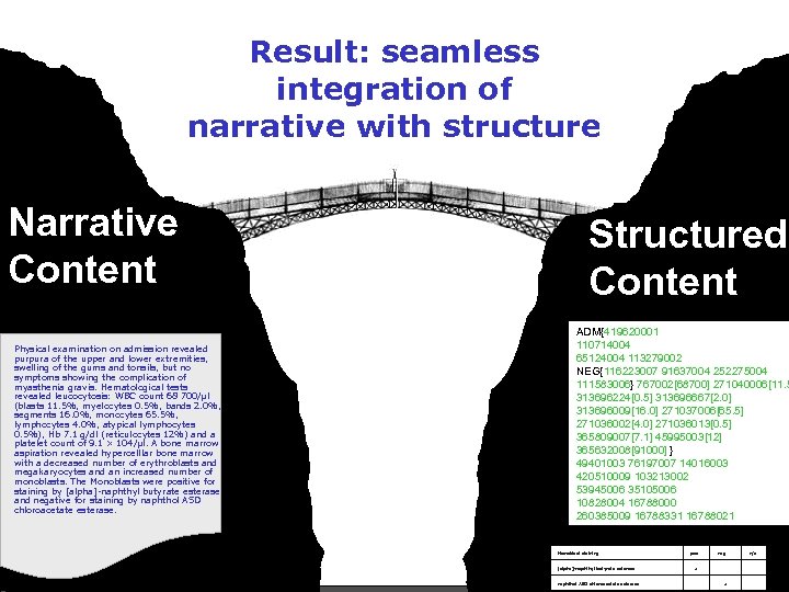 Result: seamless integration of narrative with structure Narrative Content Physical examination on admission revealed