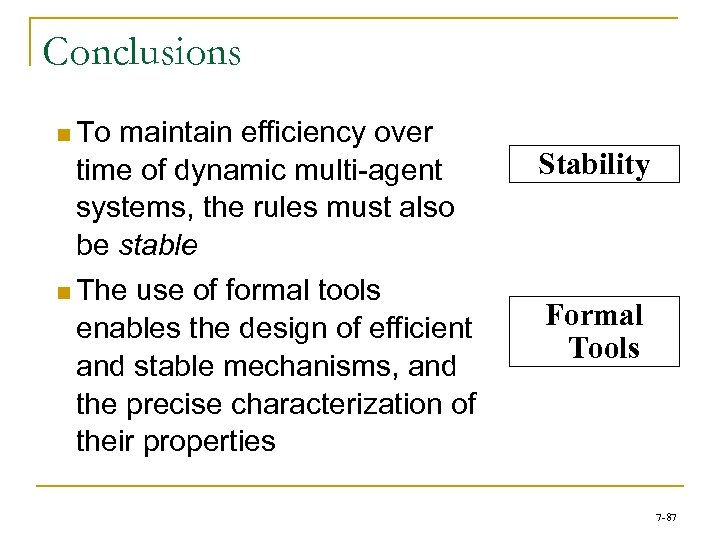 Conclusions n To maintain efficiency over time of dynamic multi-agent systems, the rules must