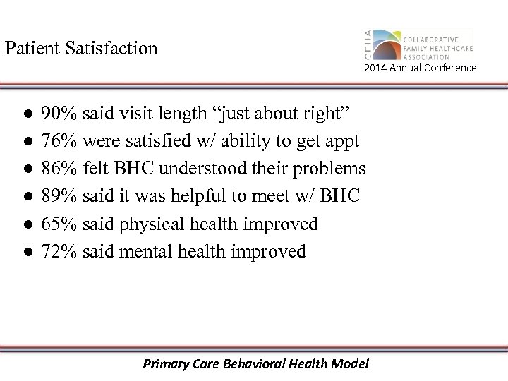 Patient Satisfaction 2014 Annual Conference ● ● ● 90% said visit length “just about