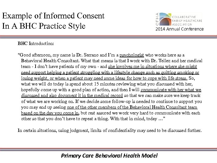 Example of Informed Consent In A BHC Practice Style 2014 Annual Conference BHC Introduction: