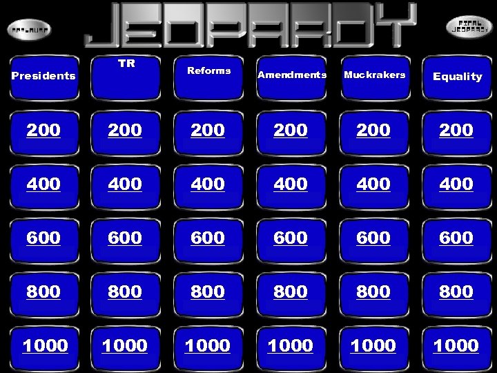 Presidents TR Reforms Amendments Muckrakers Equality 200 200 200 400 400 400 600 600