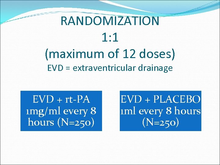 RANDOMIZATION 1: 1 (maximum of 12 doses) EVD = extraventricular drainage EVD + rt-PA