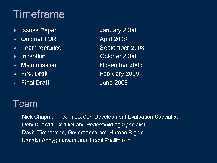 Timeframe Ø Ø Ø Ø Issues Paper Original TOR Team recruited Inception Main mission