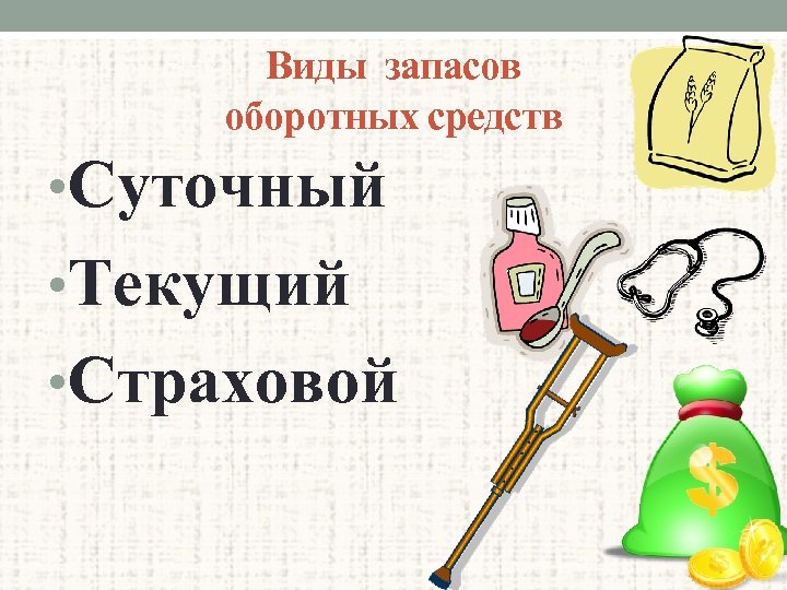 Виды запасов оборотных средств • Суточный • Текущий • Страховой 