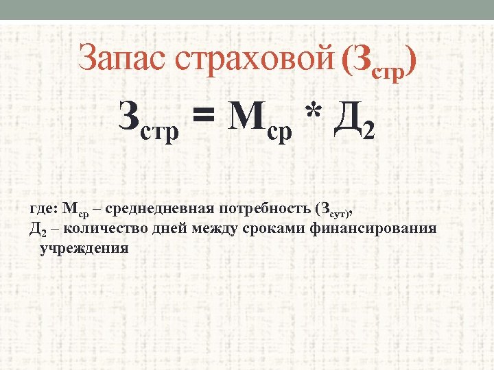 Запас страховой (Зстр) Зстр = Мср * Д 2 где: Мср – среднедневная потребность