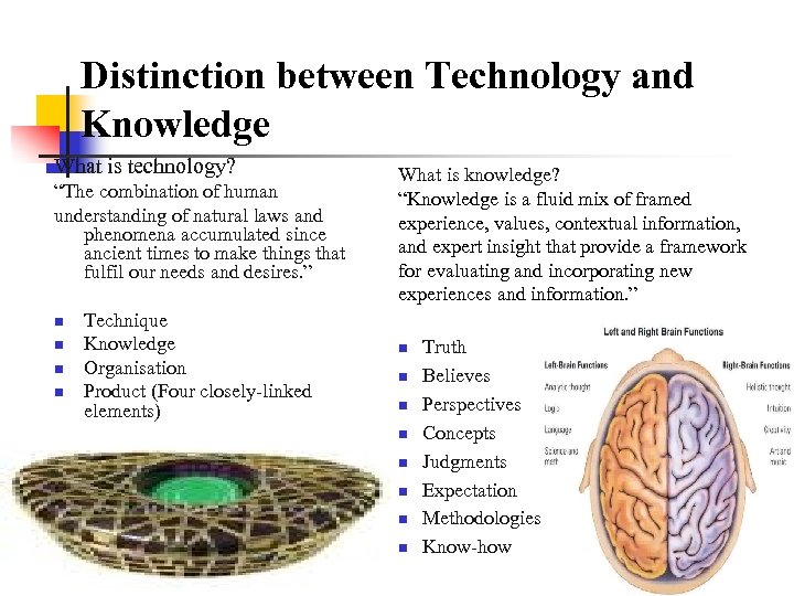 Distinction between Technology and Knowledge What is technology? “The combination of human understanding of