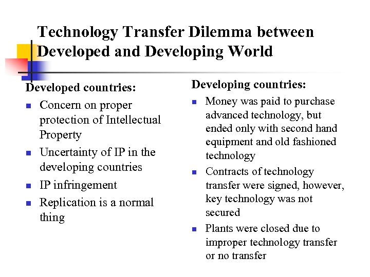 Technology Transfer Dilemma between Developed and Developing World Developed countries: n Concern on proper