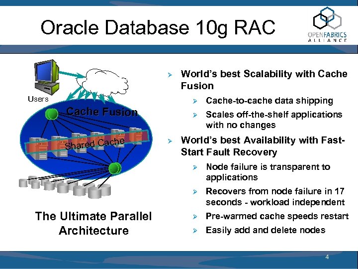 Oracle Database 10 g RAC Ø Users World’s best Scalability with Cache Fusion Ø