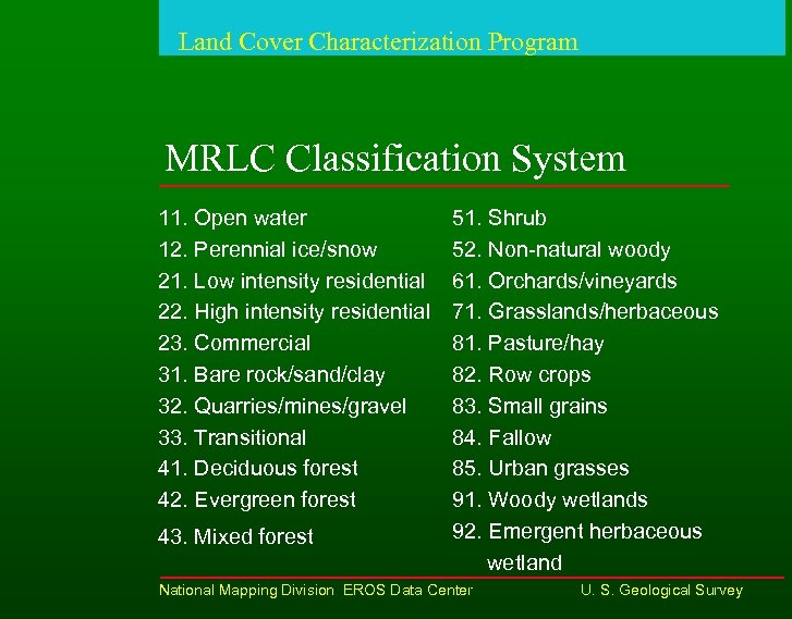 Land Cover Characterization Program MRLC Classification System 11. Open water 12. Perennial ice/snow 21.