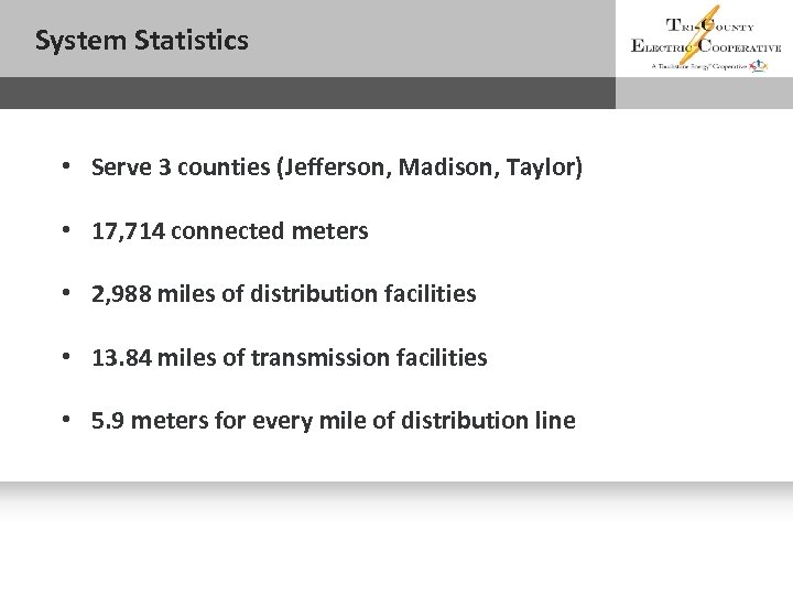 System Statistics Sub headline • Serve 3 counties (Jefferson, Madison, Taylor) • 17, 714