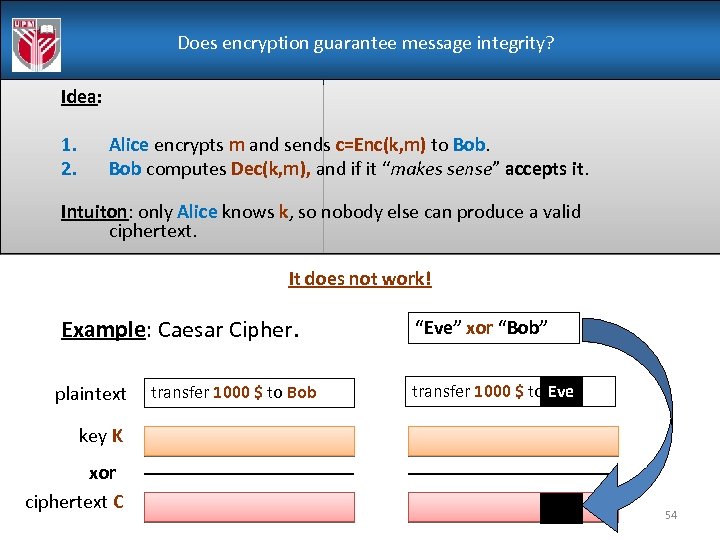 Does encryption guarantee message integrity? Idea: 1. 2. Alice encrypts m and sends c=Enc(k,