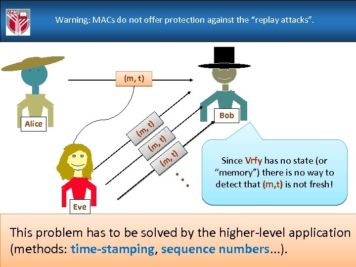 Warning: MACs do not offer protection against the “replay attacks”. (m, t) Alice ,