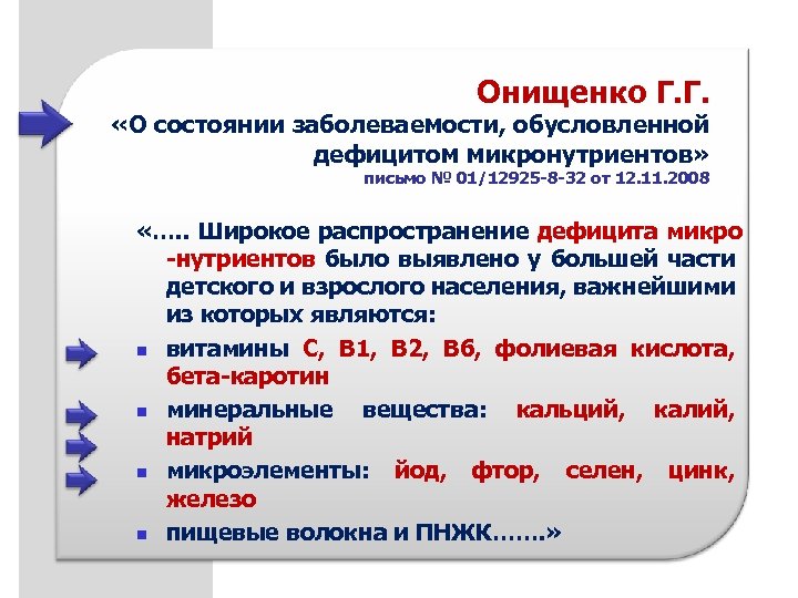 Онищенко Г. Г. «О состоянии заболеваемости, обусловленной дефицитом микронутриентов» письмо № 01/12925 -8 -32