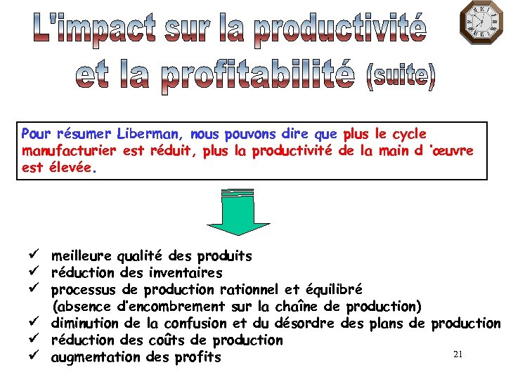 Pour résumer Liberman, nous pouvons dire que plus le cycle manufacturier est réduit, plus