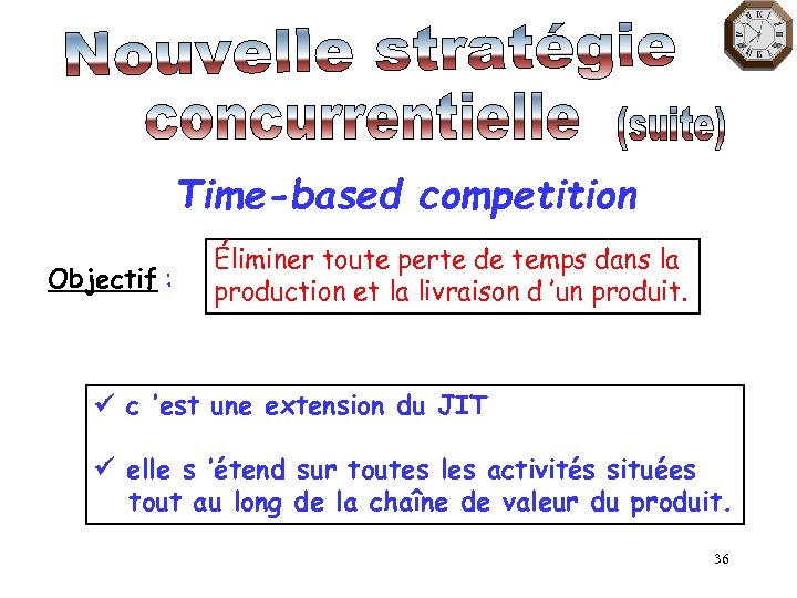 Time-based competition Objectif : Éliminer toute perte de temps dans la production et la