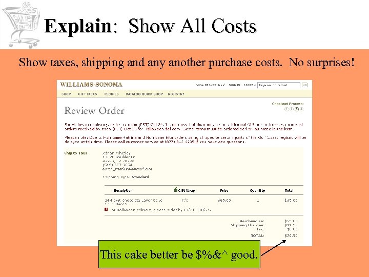 Explain: Show All Costs Show taxes, shipping and any another purchase costs. No surprises!