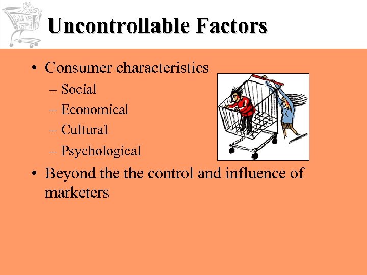 Uncontrollable Factors • Consumer characteristics – Social – Economical – Cultural – Psychological •