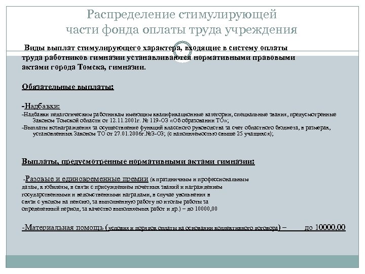Распределение стимулирующей части фонда оплаты труда учреждения Виды выплат стимулирующего характера, входящие в систему