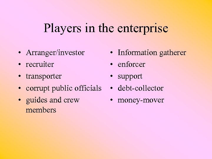 Players in the enterprise • • • Arranger/investor recruiter transporter corrupt public officials guides