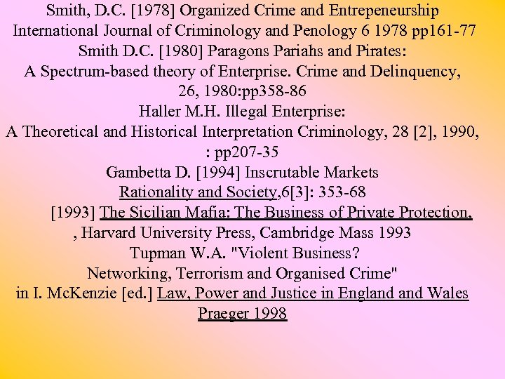 Smith, D. C. [1978] Organized Crime and Entrepeneurship International Journal of Criminology and Penology