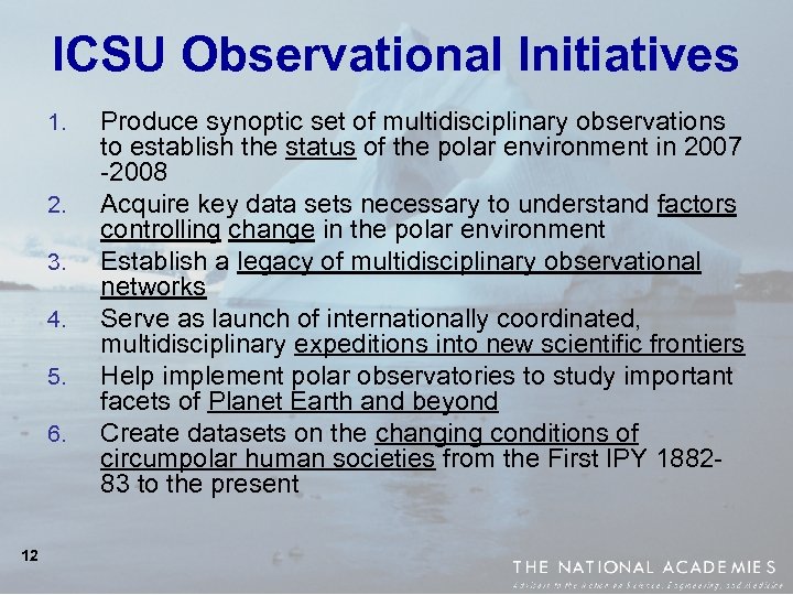 ICSU Observational Initiatives 1. 2. 3. 4. 5. 6. 12 Produce synoptic set of