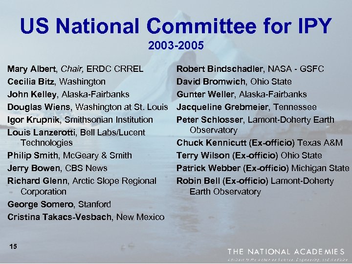 US National Committee for IPY 2003 -2005 Mary Albert, Chair, ERDC CRREL Cecilia Bitz,